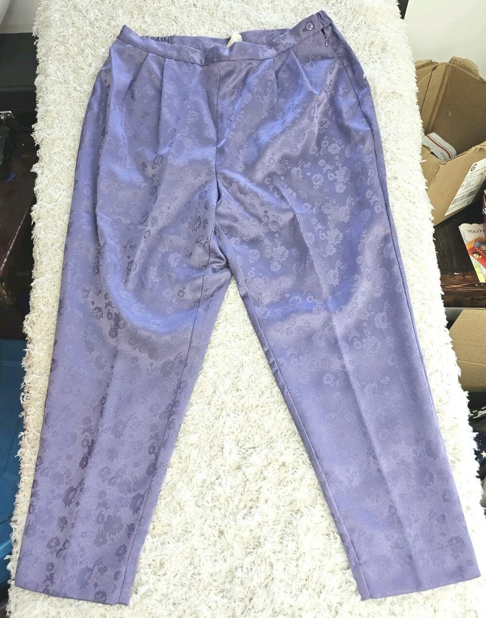 VTG 90s Jacquard Floral Pants 20W Purple Brocade Satin Tapered Trouser Lagenlook